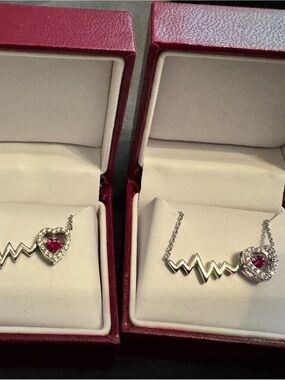 Matching Heartbeat Heart Pendant Necklaces with Pink Stone